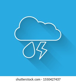 White line Cloud with rain and lightning icon isolated with long shadow. Rain cloud precipitation with rain drops.Weather icon of storm.  Vector Illustration