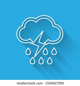 White line Cloud with rain and lightning icon isolated with long shadow. Rain cloud precipitation with rain drops.Weather icon of storm.  Vector Illustration