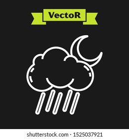 White line Cloud with rain and moon icon isolated on black background. Rain cloud precipitation with rain drops.  Vector Illustration