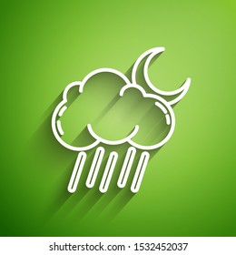 White line Cloud with rain and moon icon isolated on green background. Rain cloud precipitation with rain drops.  Vector Illustration