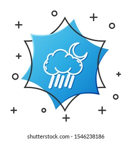 White line Cloud with rain and moon icon isolated on white background. Rain cloud precipitation with rain drops. Blue hexagon button. Vector Illustration
