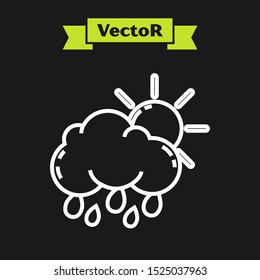 White line Cloud with rain and sun icon isolated on black background. Rain cloud precipitation with rain drops.  Vector Illustration