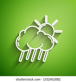 White line Cloud with rain and sun icon isolated on green background. Rain cloud precipitation with rain drops.  Vector Illustration
