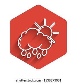 White line Cloud with rain and sun icon isolated with long shadow. Rain cloud precipitation with rain drops. Red hexagon button. Vector Illustration