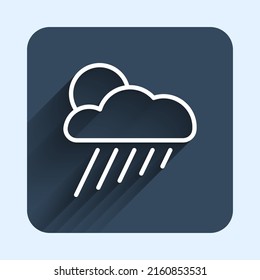 White line Cloud with rain and sun icon isolated with long shadow background. Rain cloud precipitation with rain drops. Blue square button. Vector