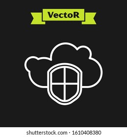 White line Cloud and shield icon isolated on black background. Cloud storage data protection. Security, safety, protection, privacy concept.  Vector Illustration