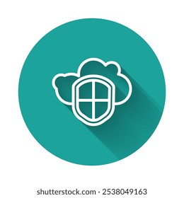 White line Cloud and shield icon isolated with long shadow. Cloud storage data protection. Security, safety, protection, privacy concept. Green circle button. Vector Illustration