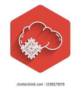 White line Cloud with snow icon isolated with long shadow. Cloud with snowflakes. Single weather icon. Snowing sign. Red hexagon button. Vector Illustration