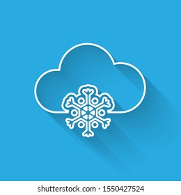 White line Cloud with snow icon isolated with long shadow. Cloud with snowflakes. Single weather icon. Snowing sign.  Vector Illustration