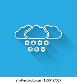 White line Cloud with snow icon isolated with long shadow. Cloud with snowflakes. Single weather icon. Snowing sign.  Vector Illustration