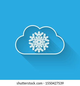 White line Cloud with snow icon isolated with long shadow. Cloud with snowflakes. Single weather icon. Snowing sign.  Vector Illustration