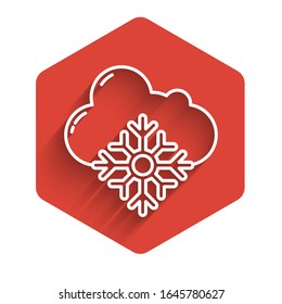 White line Cloud with snow icon isolated with long shadow. Cloud with snowflakes. Single weather icon. Snowing sign. Red hexagon button. Vector Illustration