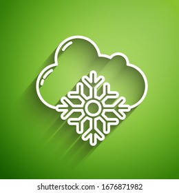 White line Cloud with snow icon isolated on green background. Cloud with snowflakes. Single weather icon. Snowing sign.  Vector Illustration