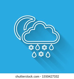 White line Cloud with snow and rain icon isolated with long shadow. Weather icon.  Vector Illustration