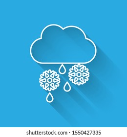 White line Cloud with snow, rain and moon icon isolated with long shadow. Weather icon.  Vector Illustration