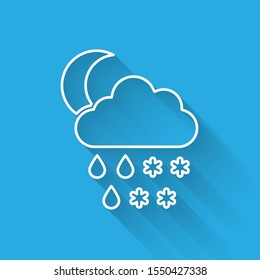 White line Cloud with snow, rain and moon icon isolated with long shadow. Weather icon.  Vector Illustration