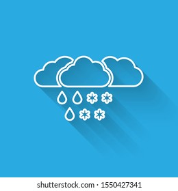 White line Cloud with snow and rain icon isolated with long shadow. Weather icon.  Vector Illustration
