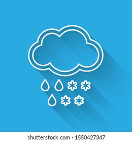 White line Cloud with snow and rain icon isolated with long shadow. Weather icon.  Vector Illustration