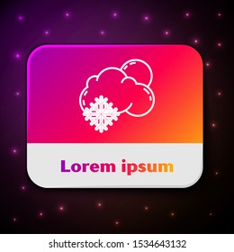 White line Cloud with snow and sun icon isolated on black background. Cloud with snowflakes. Single weather icon. Snowing sign. Rectangle color button. Vector Illustration