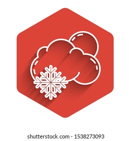 White line Cloud with snow and sun icon isolated with long shadow. Cloud with snowflakes. Single weather icon. Snowing sign. Red hexagon button. Vector Illustration