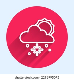 White line Cloud with snow and sun icon isolated with long shadow. Cloud with snowflakes. Single weather icon. Snowing sign. Red circle button. Vector