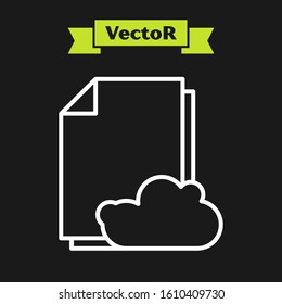 White line Cloud storage text document icon isolated on black background.  Vector Illustration