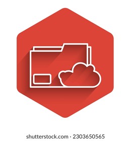 White line Cloud storage text document folder icon isolated with long shadow. Red hexagon button. Vector Illustration