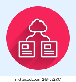 White line Cloud technology data transfer and storage icon isolated with long shadow background. Red circle button. Vector