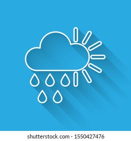 White line Cloudy with rain and sun icon isolated with long shadow. Rain cloud precipitation with rain drops.  Vector Illustration