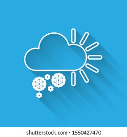 White line Cloudy with snow icon isolated with long shadow. Cloud with snowflakes. Single weather icon. Snowing sign.  Vector Illustration