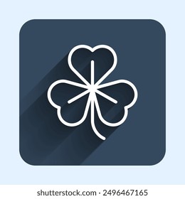 White line Clover icon isolated with long shadow background. Happy Saint Patrick day. Blue square button. Vector