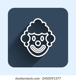 White line Clown head icon isolated with long shadow background. Blue square button. Vector