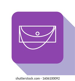 White line Clutch bag icon isolated on white background. Women clutch purse. Purple square button. Vector Illustration