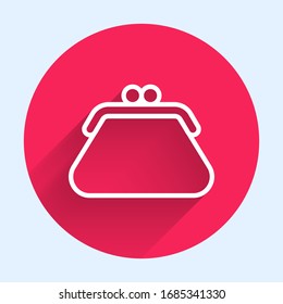 White line Clutch bag icon isolated with long shadow. Women clutch purse. Red circle button. Vector Illustration
