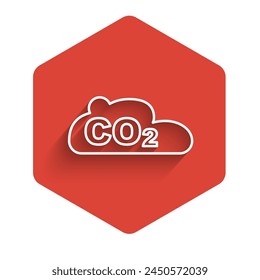 White line CO2 emissions in cloud icon isolated with long shadow background. Carbon dioxide formula, smog pollution concept, environment concept. Red hexagon button. Vector