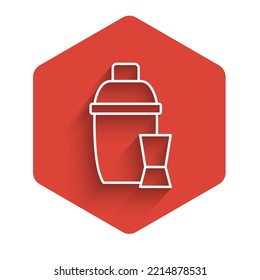 White line Cocktail shaker with cocktail glass icon isolated with long shadow. Red hexagon button. Vector