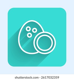 White line Coconut icon isolated with long shadow background. Green square button. Vector