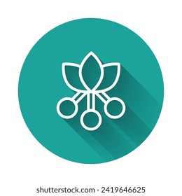 White line Coffee bean, branch with leaf and berry icon isolated with long shadow. Plant with leaf, berry, fruit, seed. Green circle button. Vector