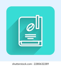 White line Coffee book icon isolated with long shadow. Green square button. Vector Illustration