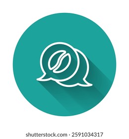 White line Coffee and conversation icon isolated with long shadow. Coffee talk. Speech bubbles chat. Green circle button. Vector