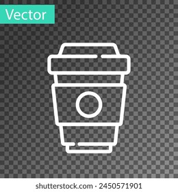Icono de taza de café para ir de línea blanca aislado sobre fondo transparente.  Vector