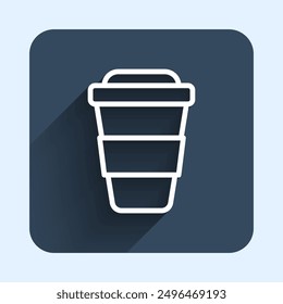 White line Coffee cup to go icon isolated with long shadow background. Blue square button. Vector