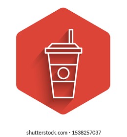 White line Coffee cup icon isolated with long shadow. Disposable coffee cup with hot coffee. Red hexagon button. Vector Illustration