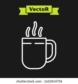 White line Coffee cup icon isolated on black background. Tea cup. Hot drink coffee.  Vector Illustration