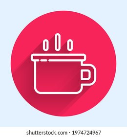 White line Coffee cup icon isolated with long shadow. Tea cup. Hot drink coffee. Red circle button. Vector