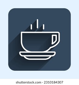 White line Kaffeetasse Symbol einzeln auf langem Hintergrund. Teetasse. Warme Getränke Kaffee. Blauer Quadrat-Knopf. Vektorgrafik