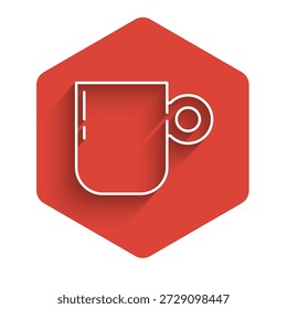 Línea blanca Icono de taza de café aislado con sombra larga. Taza de té. Bebida caliente de café. Botón hexagonal rojo. Vector