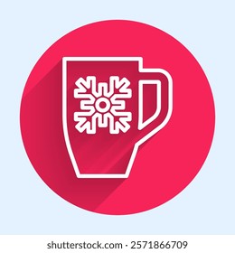 White line Coffee cup with snowflake icon isolated with long shadow. Tea cup. Hot drink coffee. Merry Christmas and Happy New Year. Red circle button. Vector