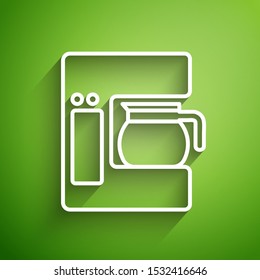 White line Coffee machine with glass pot icon isolated on green background.  Vector Illustration