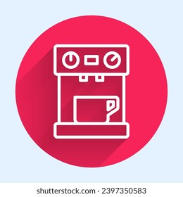 White line Coffee machine icon isolated with long shadow. Red circle button. Vector